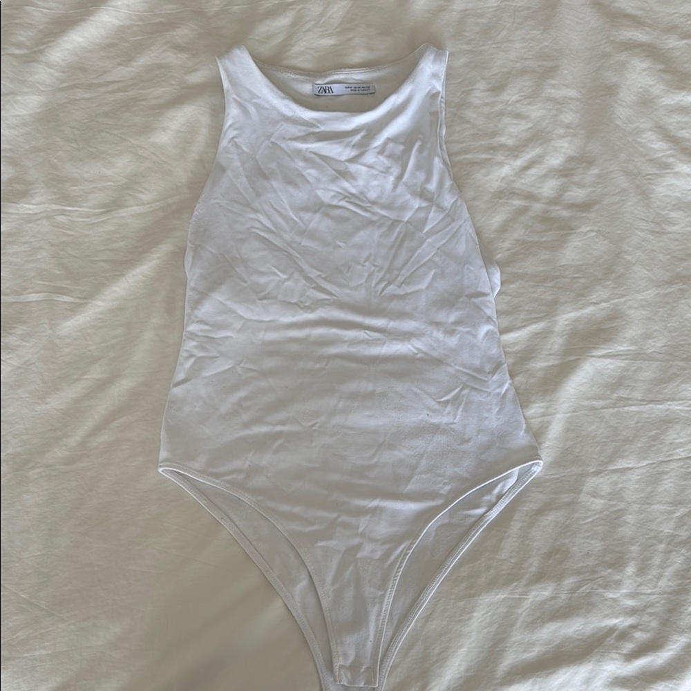 Zara White Bodysuit One Piece Sleeveless High-Cut